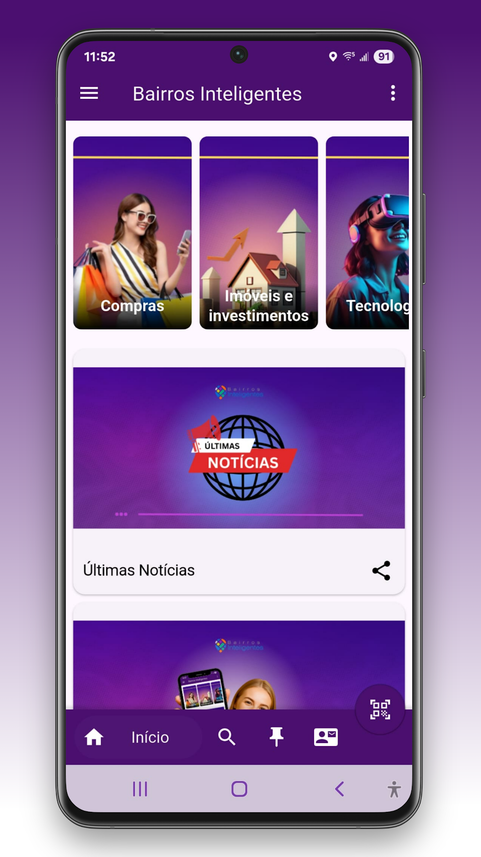 Tela inicial do Super App Bairros Inteligentes com categorias de comércio e serviços do bairro
