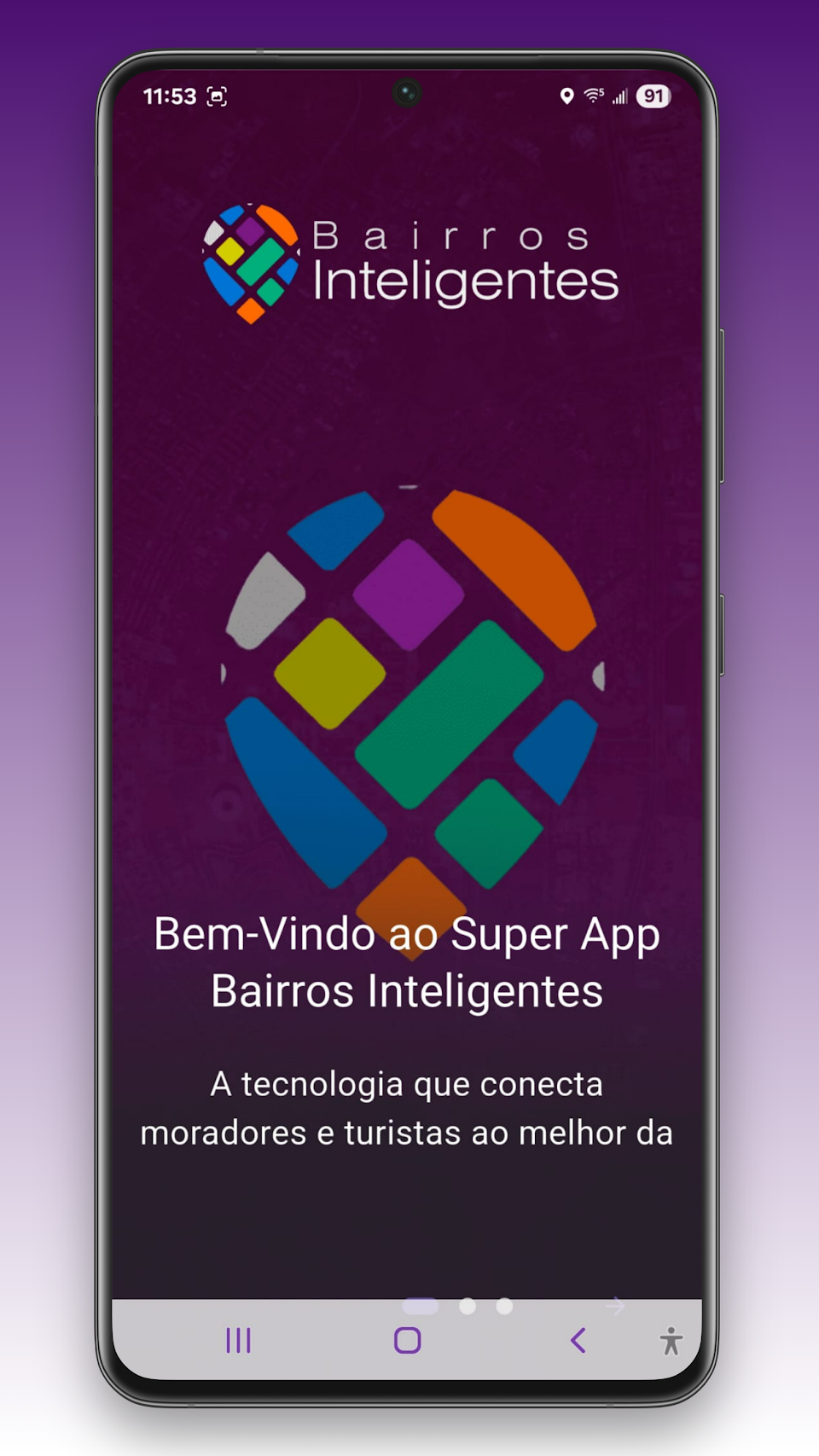 Tela de boas-vindas do Super App Bairros Inteligentes conectando moradores e turistas